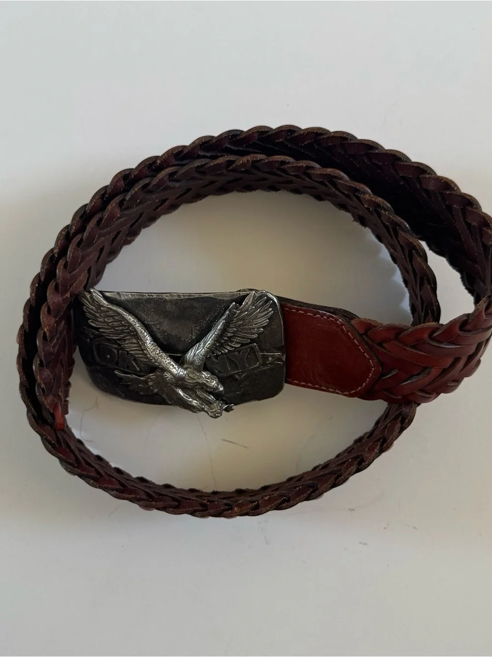 Dkny Red-Brown Braided Leather Belt with Silver Eagle Buckle